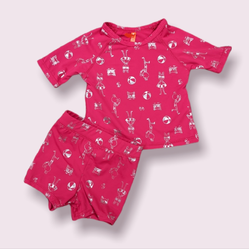 Dark pink two piece t-shirt & shorts swimsuit